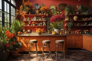 Fototapeta na wymiar A tropical kitchen room, Vibrant colors, ai generated.