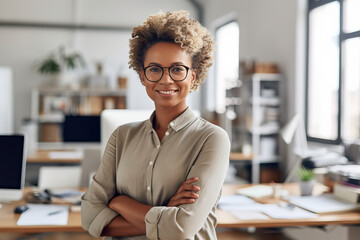 A designer professional woman in an office wearing glasses