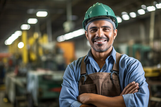 A hispanic worker in a factory wearing a hard hat