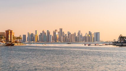 Qatar, Doha City Skyline Panoramic View at Sunset