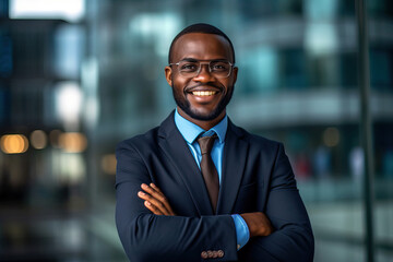 Fototapeta premium A confident black man posing with crossed arms in a formal attire