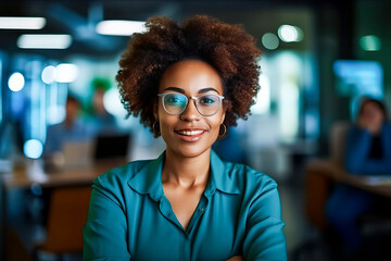 Young woman with captivating, radiant features, representing African heritage, aged 32, confidently leading a team meeting in a modern office space