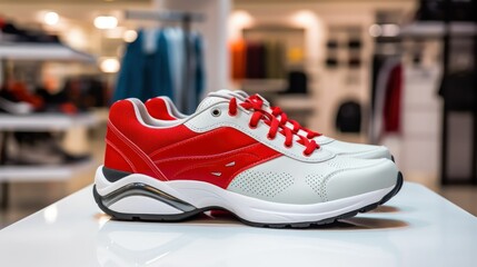 Stylish men's white-red sports shoes on a stand in front of a shoe store in a shopping mall Generative AI