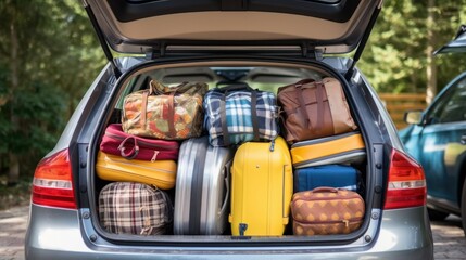 Suitcases and bags in trunk of car ready to depart for holidays Generative AI