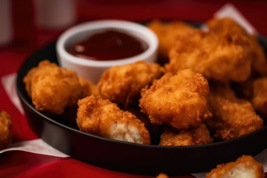 Fried chicken nuggets with BBQ dipping sauce on a red checkered plate, captured in a mouthwatering macro shot.