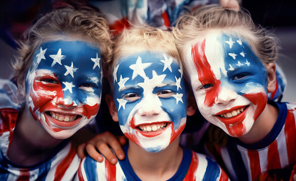 Young children with faces painted in the colors of the American flag