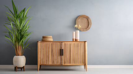a wooden sideboard in a delightful living room interior decor ai generated
