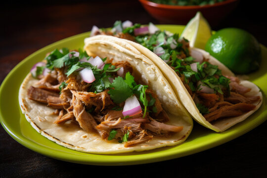 Spicy pork carnitas tacos with fresh cilantro and chopped onions, served on a colorful plate, creating a flavorful Mexican cuisine experience.