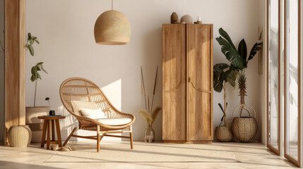 a wooden cabinet in a roomy living room interior design ai generated