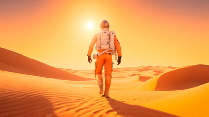 Astronaut walking on the land of mars