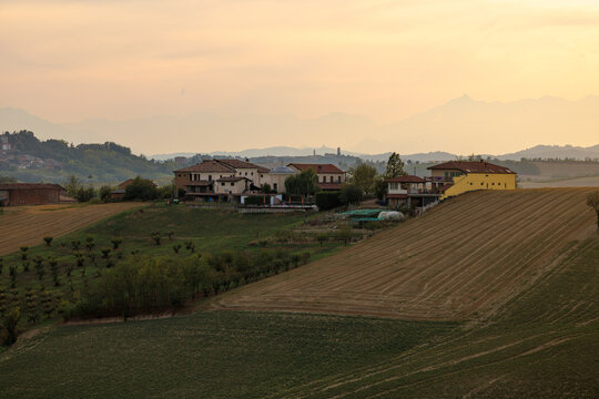 view over the hills of Moncalvo in Piedmont at a summer sunset