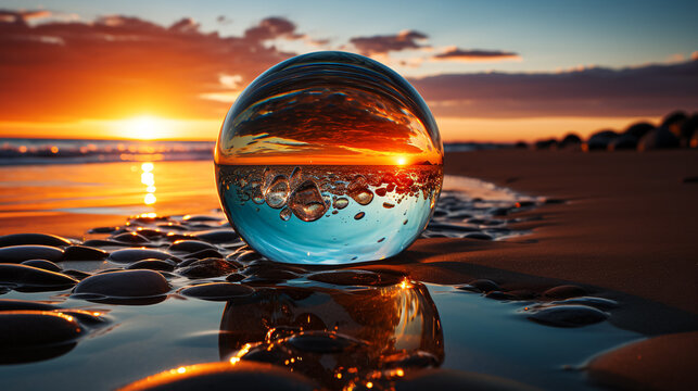 Glass ball and sunrise over the sea © samarpit