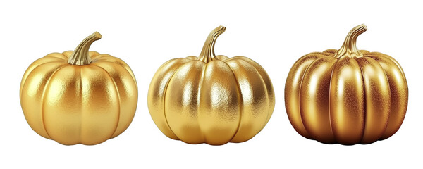 Set of three golden, shiny pumpkins
