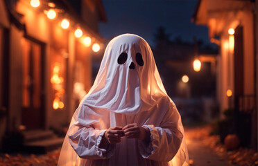 Child dressed as a ghost on halloween night