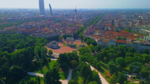Gate Sempione Porta Sempione city gate to Lombardy in the fall. Arch of Peace. Arco della pace. sunny evening in milan city park aerial panorama 4k italy milano city triumphal arch. Sculptures