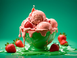 Melted strawberry ice cream on green background