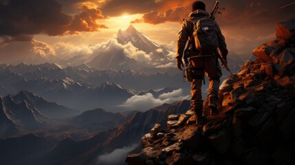 Fototapeta premium Triumph at Twilight Exhausted Mountaineer Admiring the Sunset from the Summit