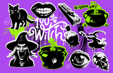 Halloween set of 100% witch halftone collage elements. Halftone mixed media paper stickers. Cauldron, hat, cat, potion, skull and smile. Vector offset dotted illustration, all elements are isolated