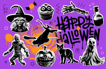 Obraz premium Happy Halloween holiday halftone paper stickers set. Halftone pumpkin, witch, zombie, ghost, cat and potion with doodles and graffiti. Trendy vector illustration in collage style.