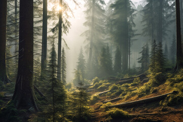 Forest landscape with fir and pine trees, illustration. Generative AI. Nature, wood, forestry, forest land, reserve and national park, image