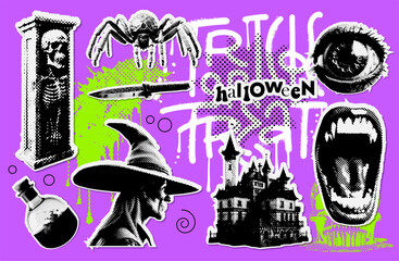 Vector set of Halloween symbols in halftone mixed media collage stickers style. Dotted illustration with witch, coffine, vampire mouth, castle and potion. Vintage 90s zine Paper pieces collection. - obrazy, fototapety, plakaty