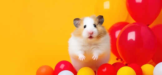 Fototapeta na wymiar Cute fluffy hamster on a festive yellow background with balloons. Banner, copy space.