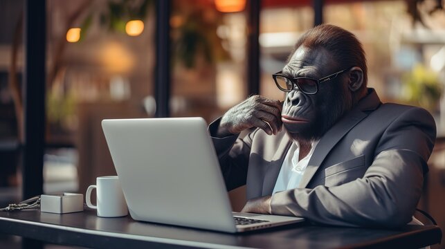 A monkey in a suit works at a computer in a cafe
