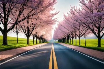 Fototapeta premium Road with blooming trees in spring