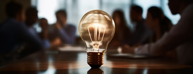 Lightbulb On A Beautiful Wooden Desk With A Business Meeting In The Background - obrazy, fototapety, plakaty