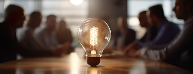 Dimly Lit Room With Business Meeting In The Background & A Lightbulb In The Forefront Symbolizing The Generation Of Ideas - obrazy, fototapety, plakaty