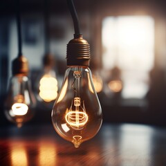 Lightbulbs Hanging Above A Desk In An Empty Office Space 
