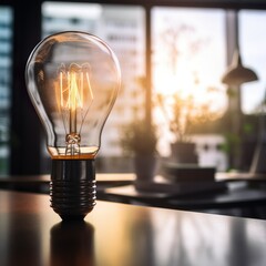 Lightbulb On A Table In An Empty Office Space In A City Center