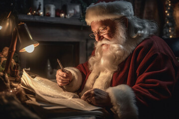 Santa Claus reads letters from children at night. merry christmas and new year generative ai, generative, ai