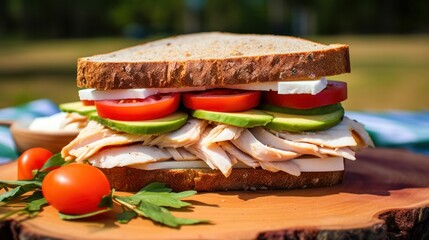 Turkey sandwich on rye bread with tomato on a picnic blanket. Generative AI