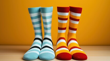 Multi - colored striped socks on a yellow background Generative AI - Powered by Adobe