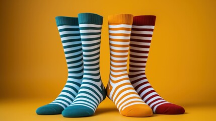 Multi - colored striped socks on a yellow background Generative AI