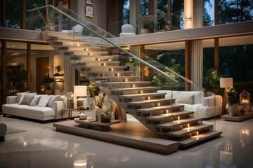 White marble U shape floating stair, led stripe light staircase, tempered glass balustrade in...