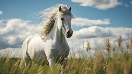 Obraz na płótnie Canvas White horse with long mane in green field against sky Generative AI