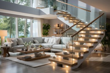 White marble U shape floating stair, led stripe light staircase, tempered glass balustrade in...