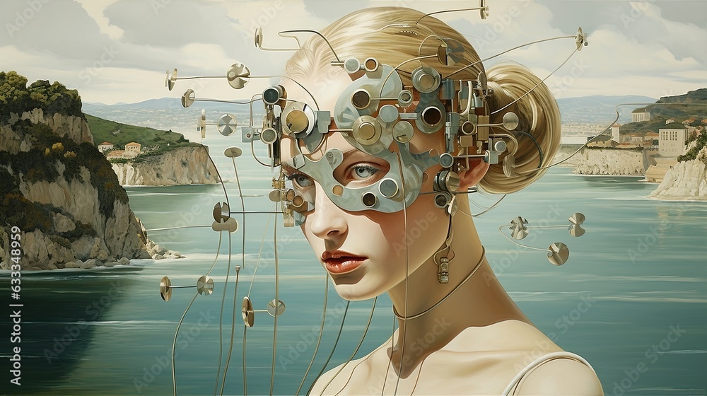 Wall mural woman's artificial intelligence face with european landscape in the background