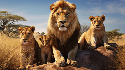 Group of lions on the savanna. Generative AI - obrazy, fototapety, plakaty