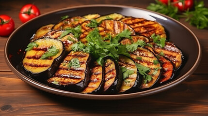 Grilled eggplants and parsley in plate on wooden background.