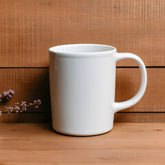 plain white cup for mockup with wooden background and table
