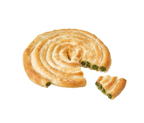 Delicious round pastry with spinach isolated.
