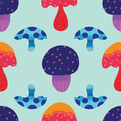 Magical mushrooms seamless vector pattern design