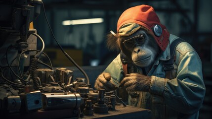 A monkey mechanic hard at work in an auto repair shop. Generative AI