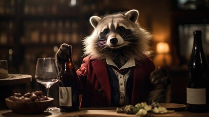 Raccoon sommelier expertly recommending a bottle of wine. Generative AI - obrazy, fototapety, plakaty