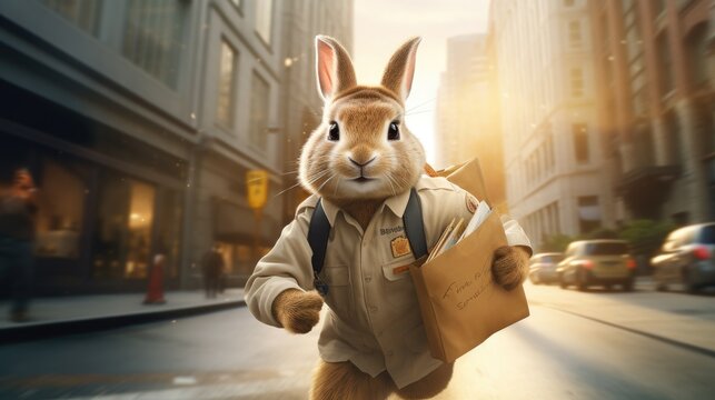A rabbit courier swiftly delivering packages in the city. Generative AI