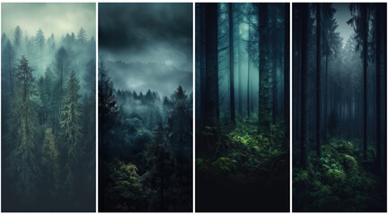 Cinematic and dramatic, a set of forest landscapes. Charming and nordic color tones.  Created with Generative AI technology.