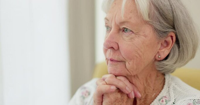 Thinking, anxiety and senior woman with fear, stress or Alzheimer, grief or trauma memory in her home. Stress, memory loss and elderly lady widow with doubt, dementia or depression, sad or mourning